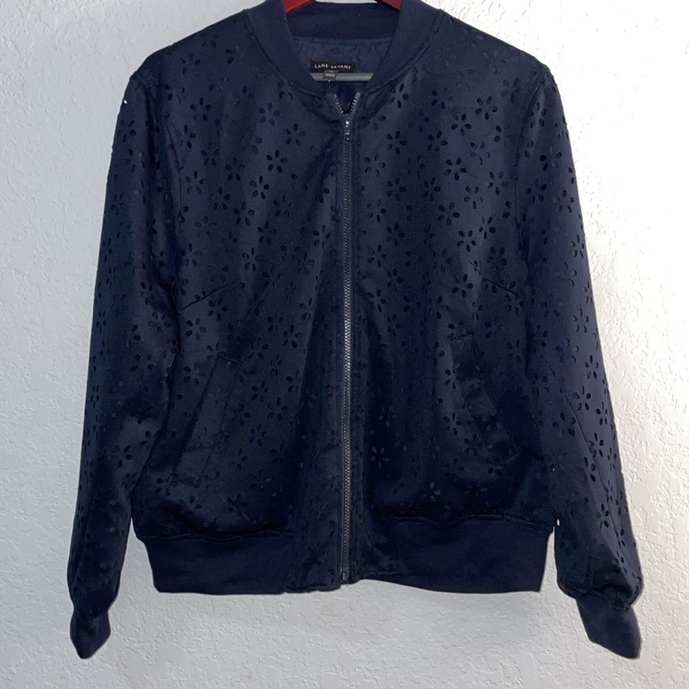 NWT Lane Bryant Dark Navy Bomber Jacket with Cutout Pattern